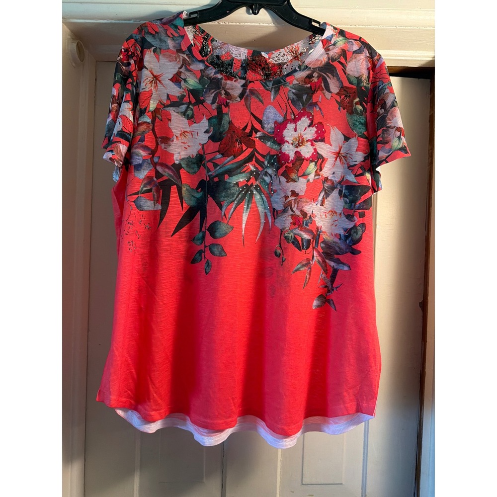 Coral Floral Rhinestone Graphic Short Sleeve Top XXXL 3XG TTL28237P